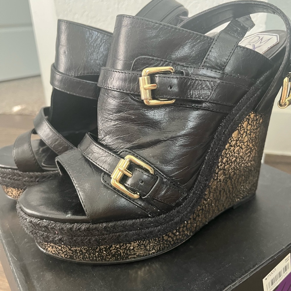 Donald J Pliner “Mila” Black Leather Wedge Sandals with Gold Buckles